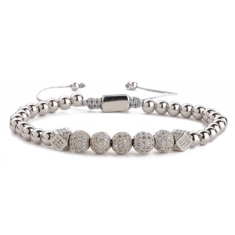 Wholesale Crown 8mm Micropaved Zirconia Gold Diamond Ball Copper Bead Braided Bracelet